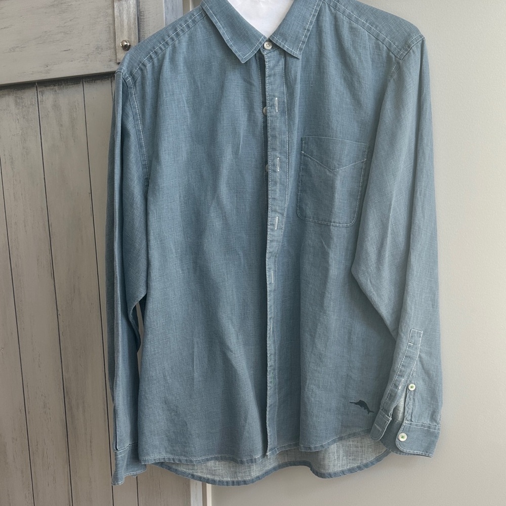 Men's Tommy Bahama Linen casual shirt in mid Blue Denim color